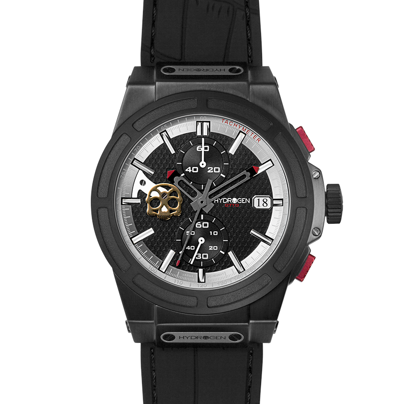 Otto Chrono All Black luxury sports watch with a black carbon fiber dial and faux croc silicone strap.