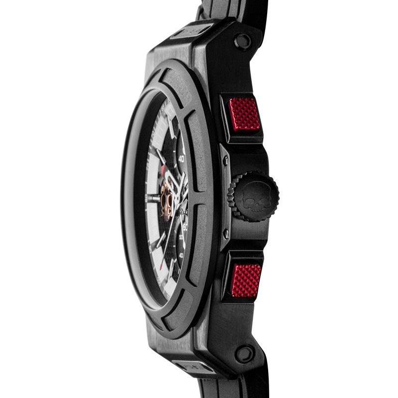 Otto Chrono All Black luxury sports watch with a black carbon fiber dial and faux croc silicone strap.