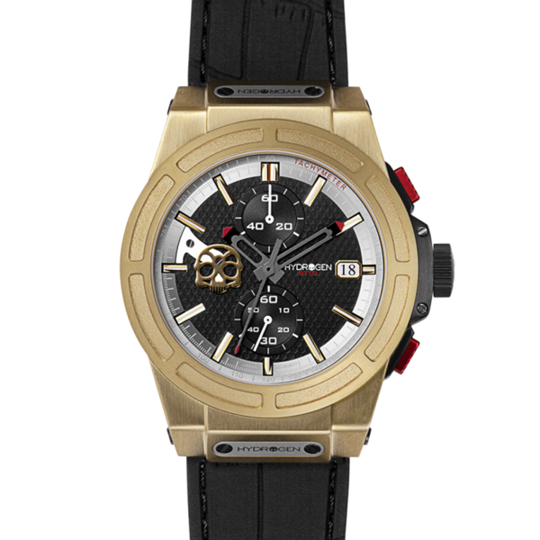 Otto Chrono All Gold watch featuring a black carbon fiber dial and skull Hydrogen logo with a black and yellow gold stainless steel case.