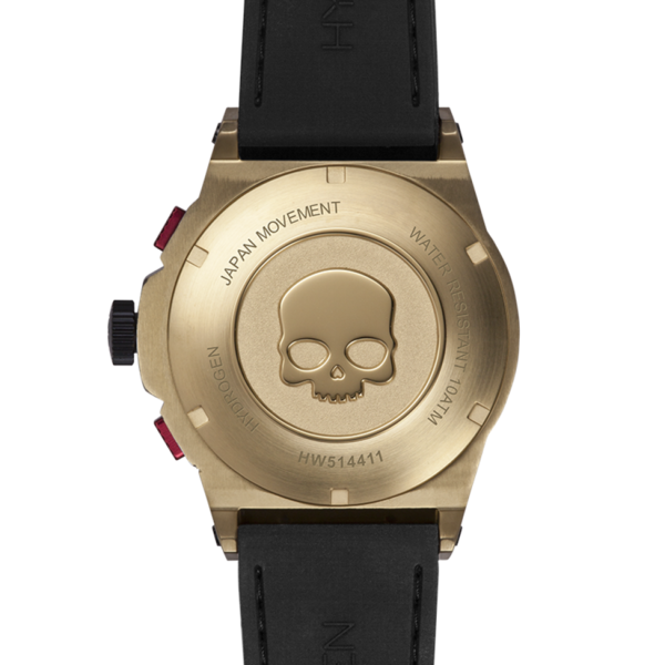 Otto Chrono All Gold watch featuring a black carbon fiber dial and skull Hydrogen logo with a black and yellow gold stainless steel case.