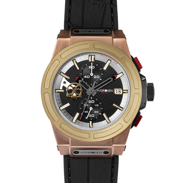 Otto Chrono Gold and Brown Mix watch featuring tri-tone design, rose gold case, black carbon fiber dial, and black silicone strap.