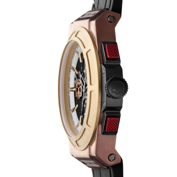 Otto Chrono Gold and Brown Mix watch featuring tri-tone design, rose gold case, black carbon fiber dial, and black silicone strap.