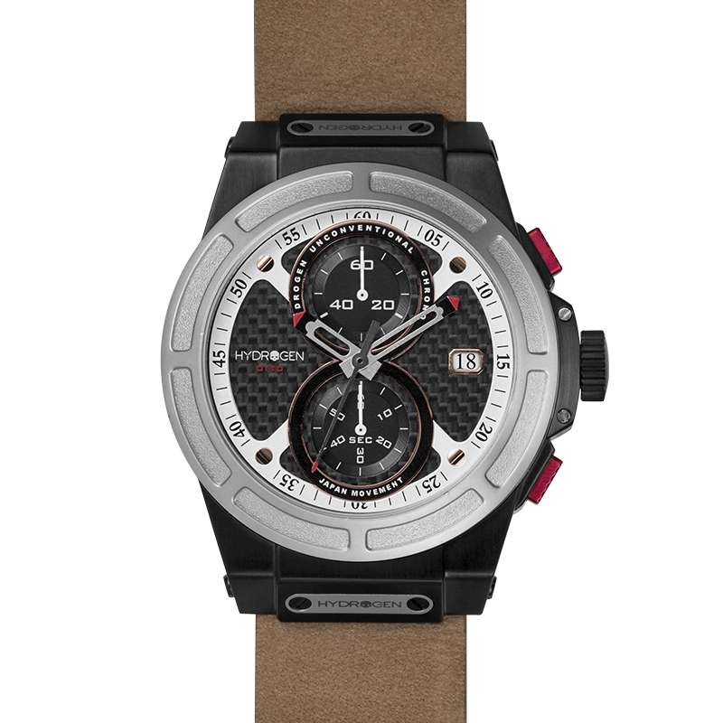 Otto Chrono Silver Black Nato watch featuring a carbon fiber pattern black dial, 2-eye chronograph, stainless steel case, and brown leather strap.