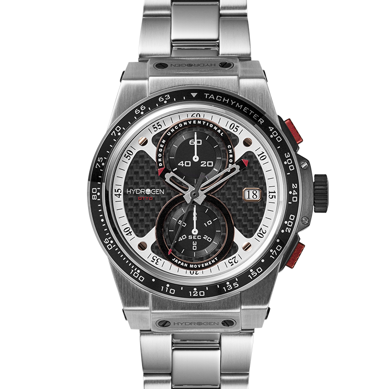 Otto Chrono Silver Bracelet watch featuring a carbon fiber pattern black dial and stainless steel case with a 3-link bracelet.