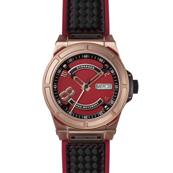 Otto Red Rose Gold luxury sports watch featuring a red dial, oversized 'numero eight', and rose gold indexes.