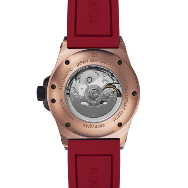 Otto Red Rose Gold luxury sports watch featuring a red dial, oversized 'numero eight', and rose gold indexes.