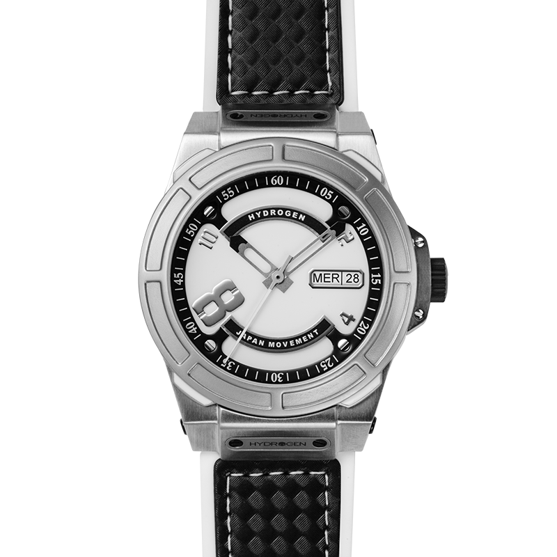 Otto White Silver watch featuring a white dial, black carbon fiber accents, and a white silicone strap, showcasing its elegant design.