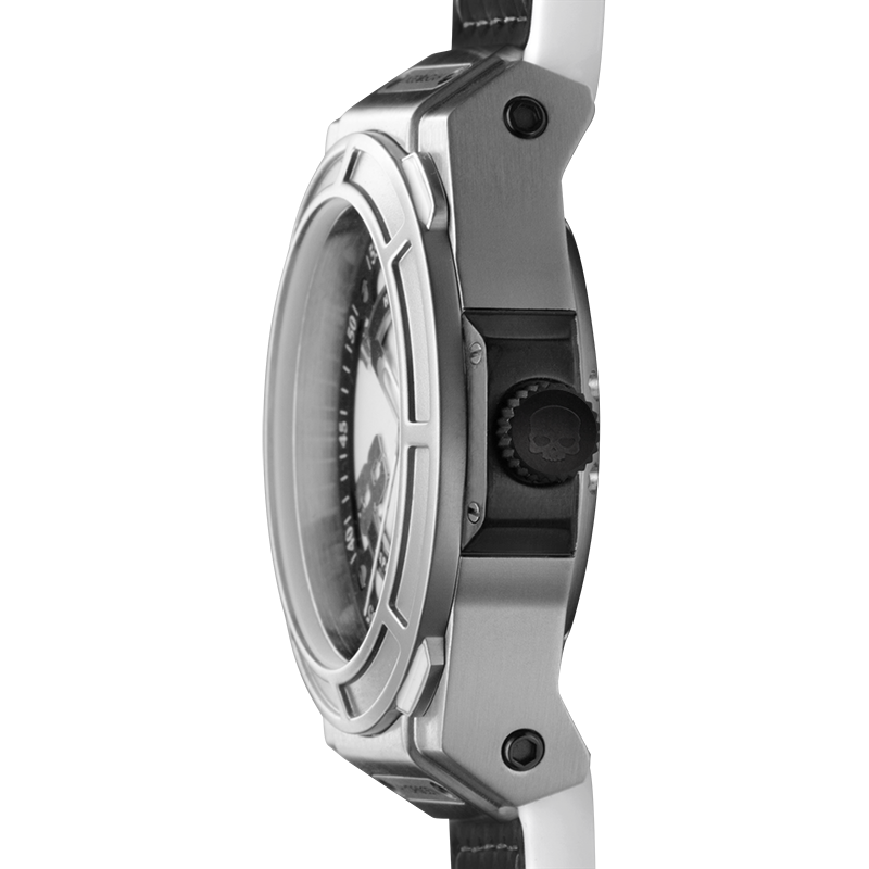 Otto White Silver watch featuring a white dial, black carbon fiber accents, and a white silicone strap, showcasing its elegant design.