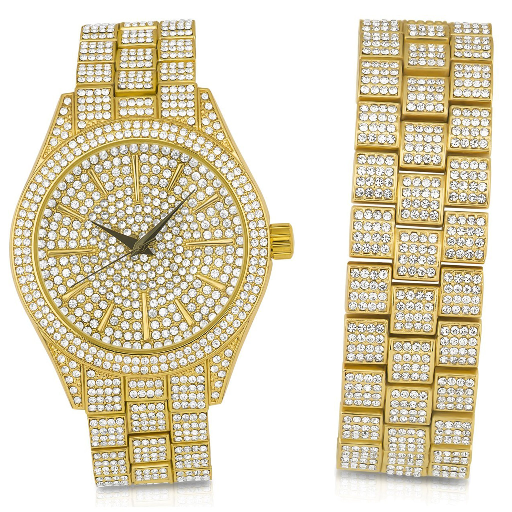 PANTHEON Ice Master Watch Set featuring a luxury iced-out design with rhinestone crystals and a dome-shaped crystal face.