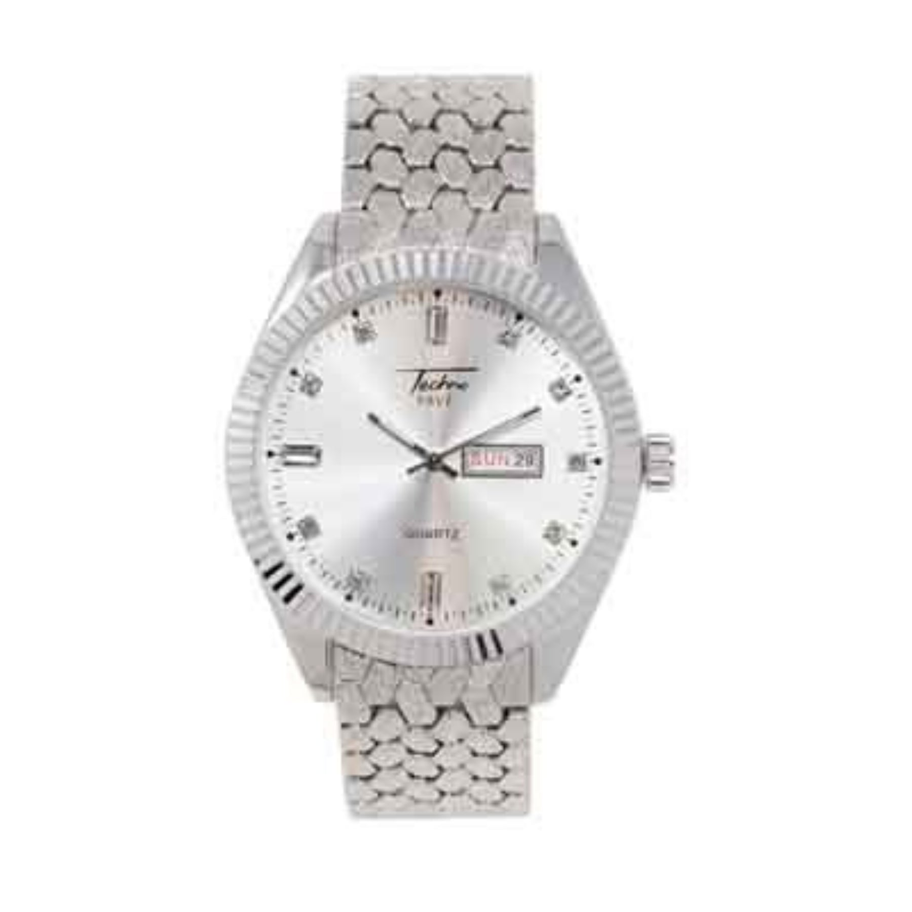 Stylish patterned metal band men's watch with fold-over clasp and elegant design.