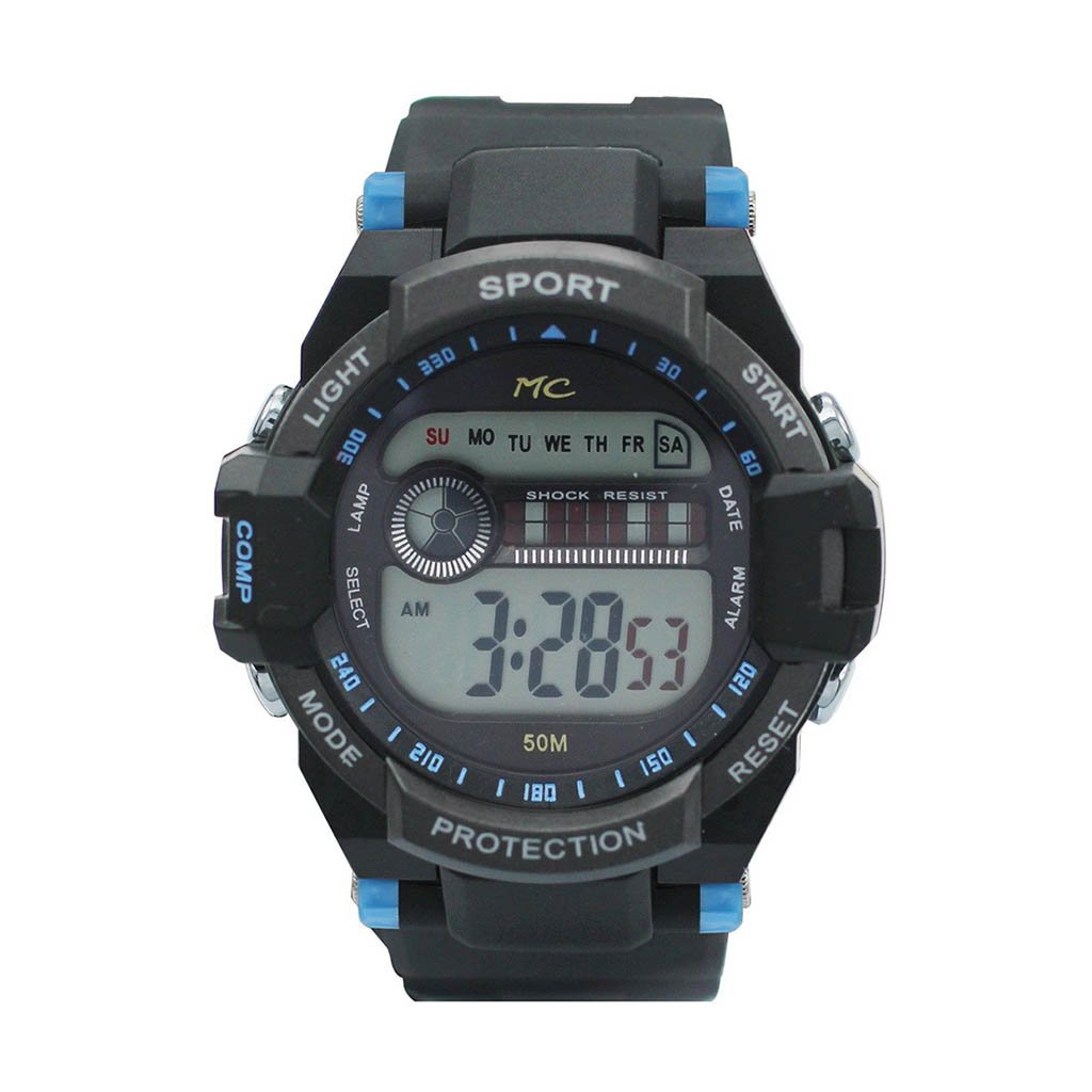 Montres Carlo Peavine blue digital watch with LCD display and plastic band.