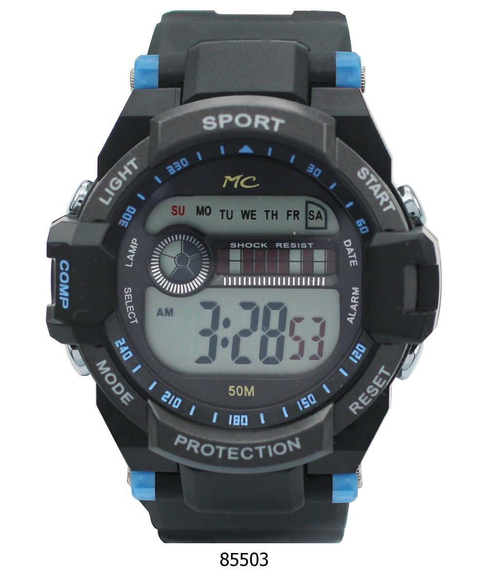 Montres Carlo Peavine blue digital watch with LCD display and plastic band.