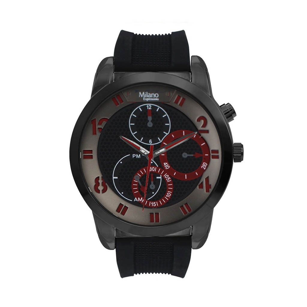 M Milano Expressions Peebles watch featuring a black rubber strap, black case, and vibrant red dial, perfect for stylish timekeeping.