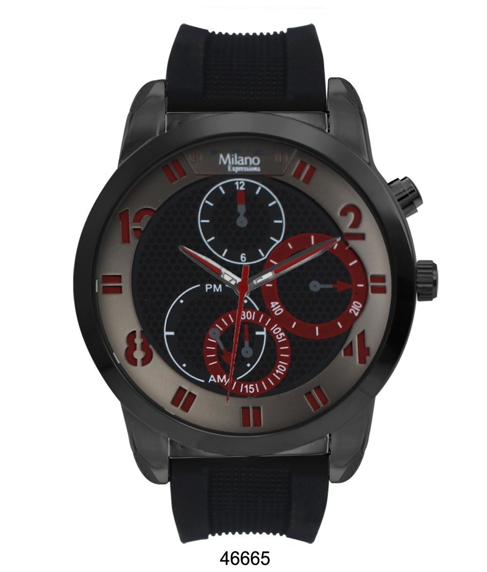 M Milano Expressions Peebles watch featuring a black rubber strap, black case, and vibrant red dial, perfect for stylish timekeeping.