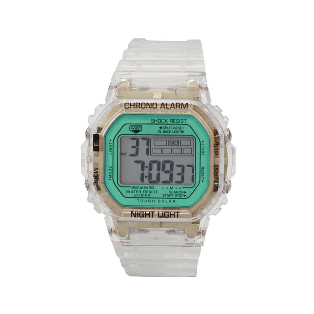 Phoenix Transparent LCD Watch featuring a turquoise face and gold accents, with a silicon band and transparent case.