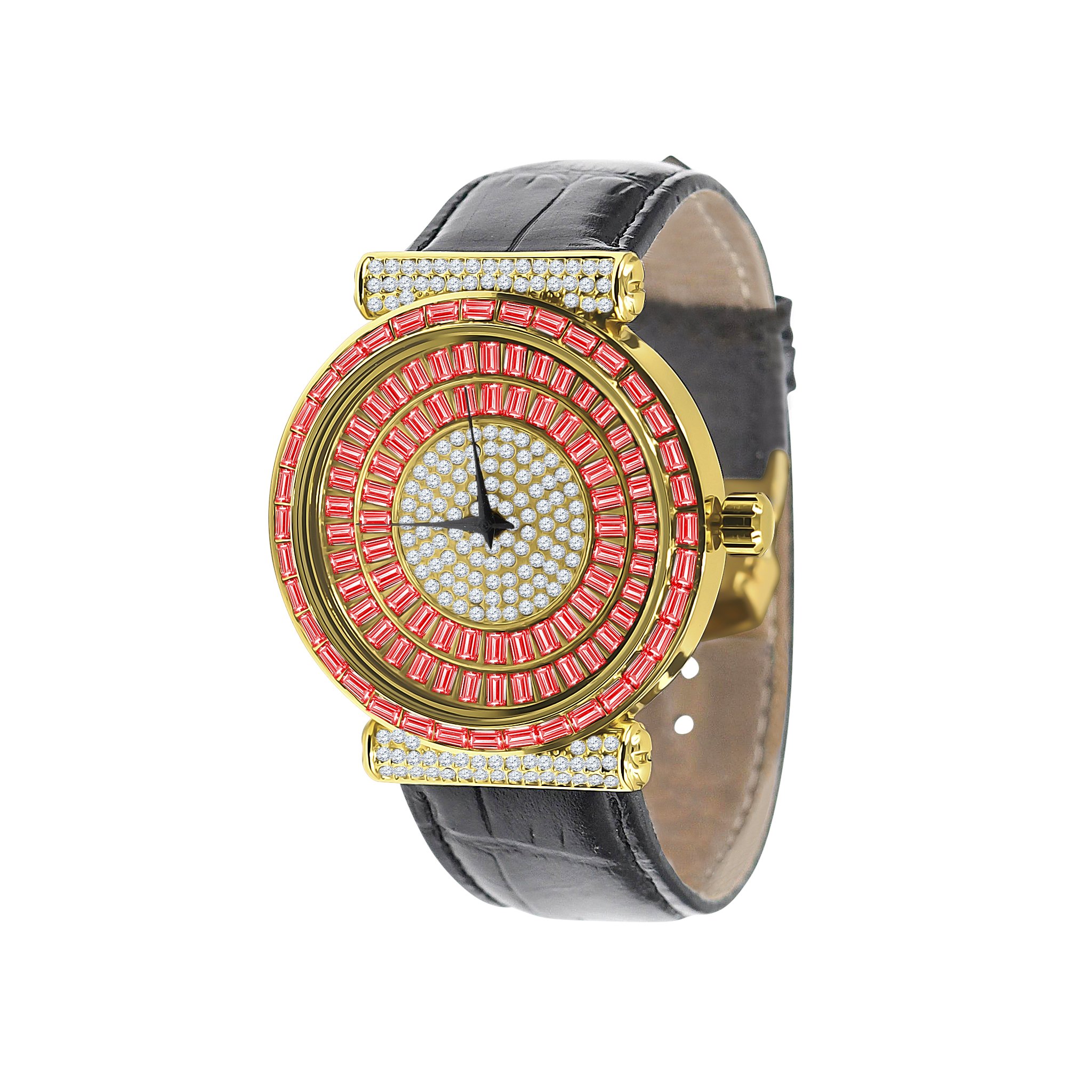 Palatial Bling Leather Watch featuring golden and silver stones with a stylish leather band, showcasing luxury and elegance.