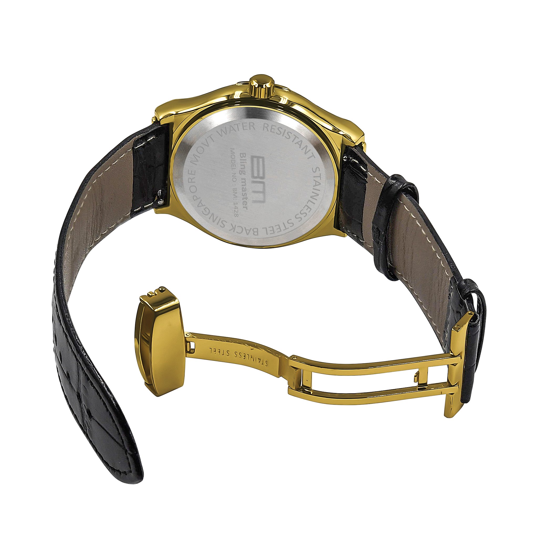 Palatial Hip Hop Leather Watch featuring golden and silver stones with a stylish leather band, showcasing modern elegance.