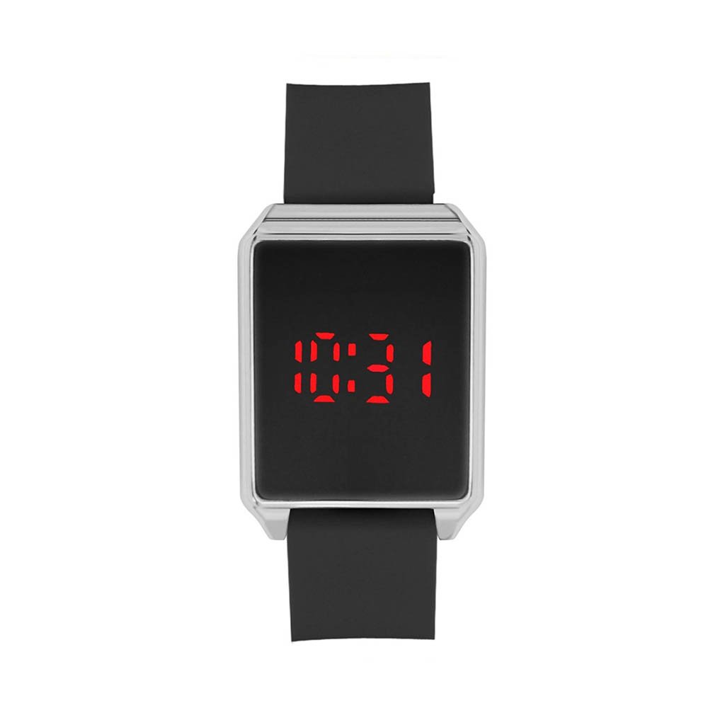 Prichard Touch LED Watch featuring a black rubber band and silver alloy case, showcasing its modern design and LED display.