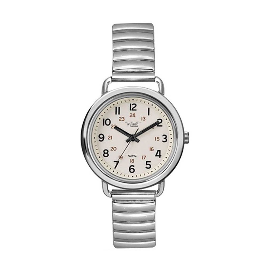 Quantico M Milano Expressions Silver Flex Band Watch featuring a white dial and stainless steel band.