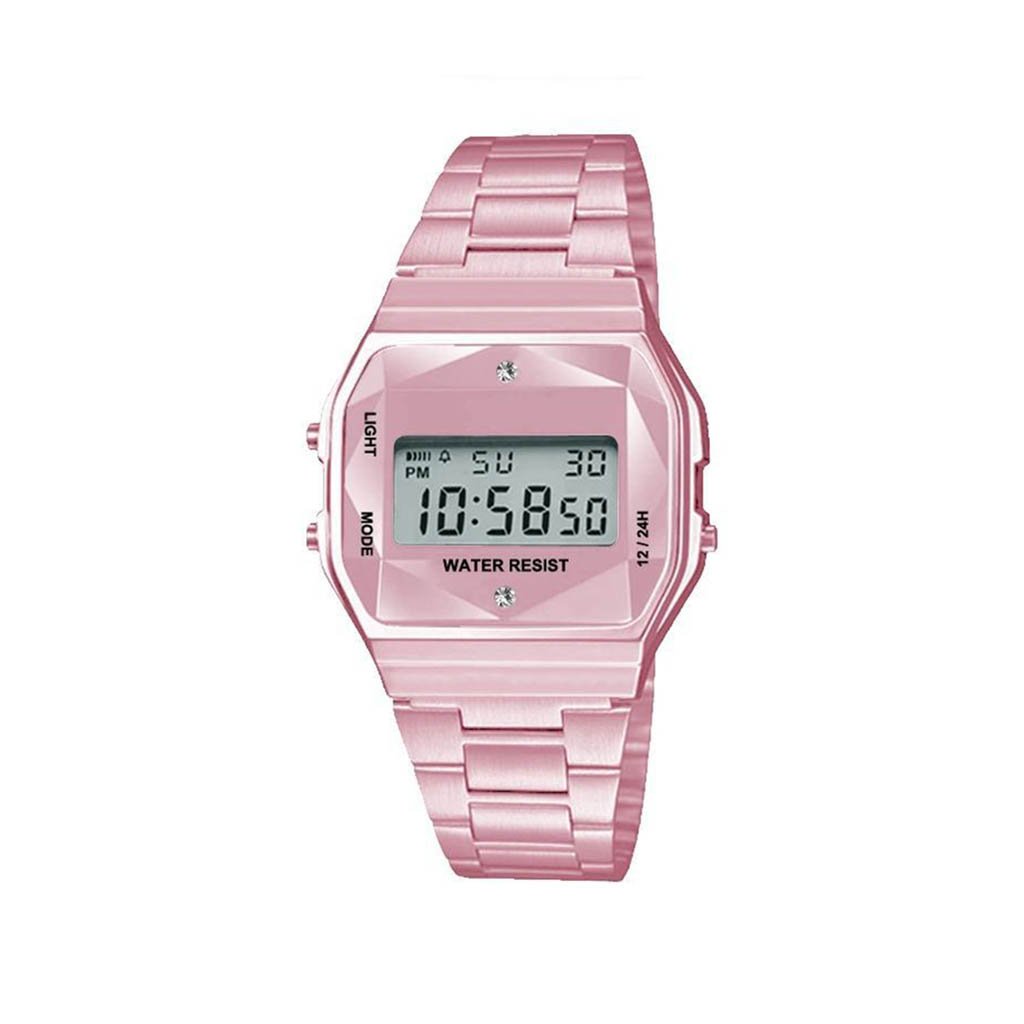 Quebrada Pink Sports Metal Band Watch featuring a pink metal case and crystal cut LCD display.