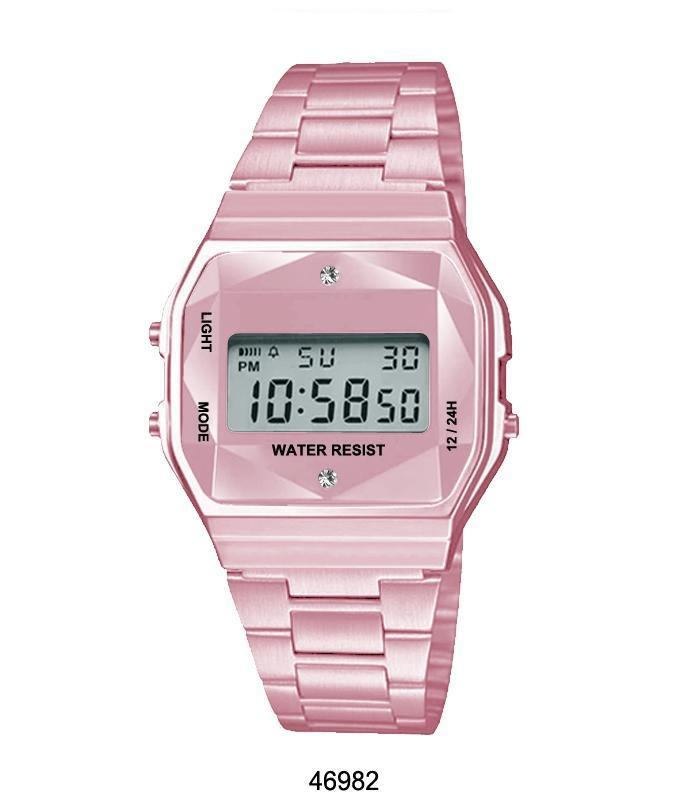 Quebrada Pink Sports Metal Band Watch featuring a pink metal case and crystal cut LCD display.