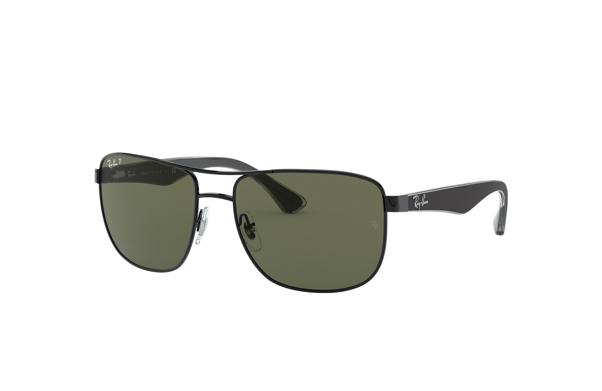 Ray-Ban RB3533-002/9A sunglasses featuring a polished black steel frame and green lenses, showcasing a classic square design.