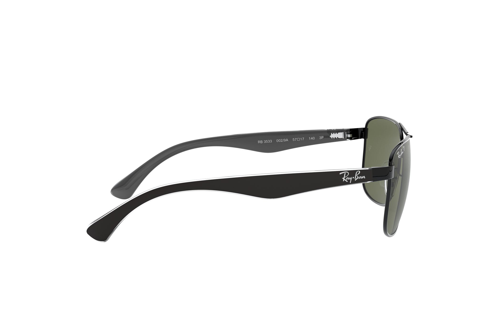 Ray-Ban RB3533-002/9A sunglasses featuring a polished black steel frame and green lenses, showcasing a classic square design.