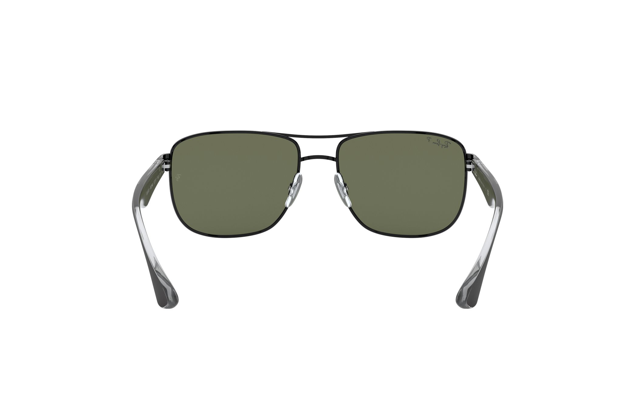 Ray-Ban RB3533-002/9A sunglasses featuring a polished black steel frame and green lenses, showcasing a classic square design.