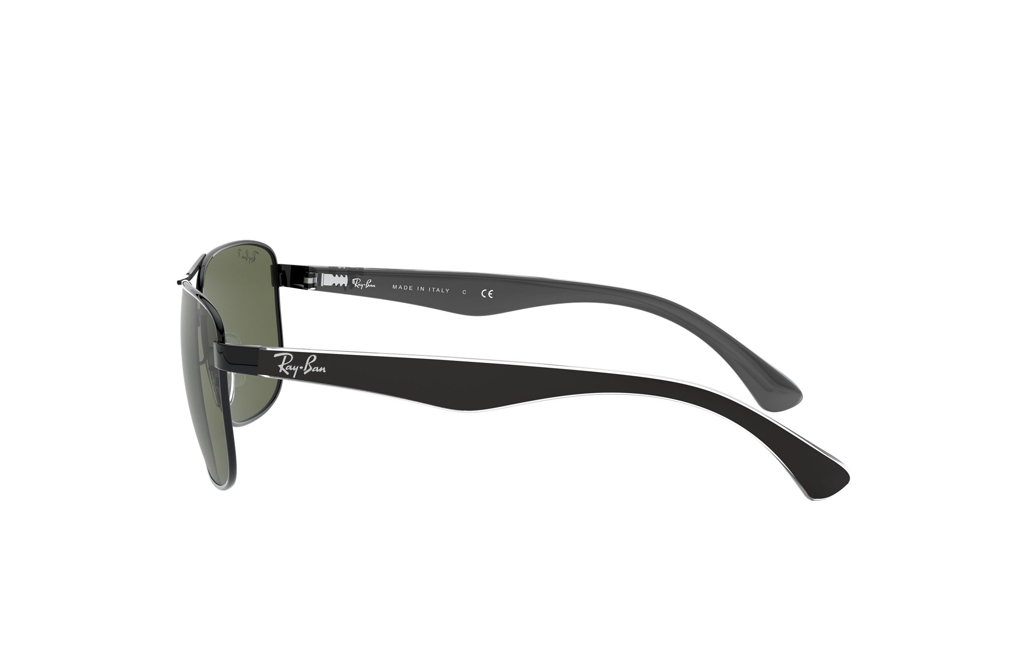 Ray-Ban RB3533-002/9A sunglasses featuring a polished black steel frame and green lenses, showcasing a classic square design.