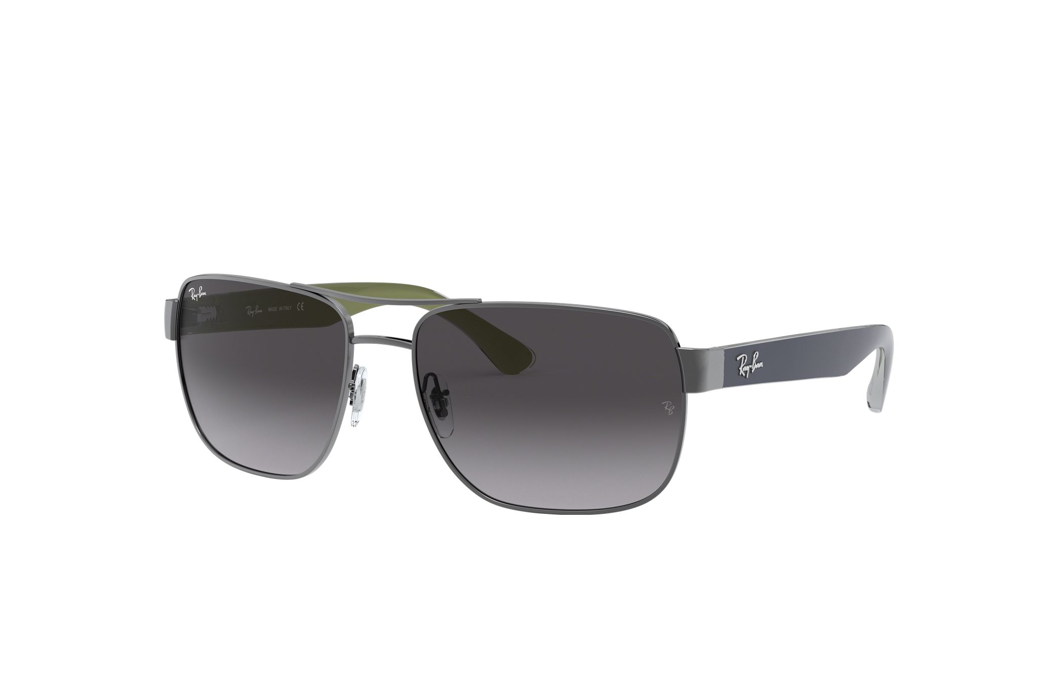 Ray-Ban RB3530-004/8G sunglasses featuring a polished gunmetal square frame and grey lenses, ideal for stylish men.