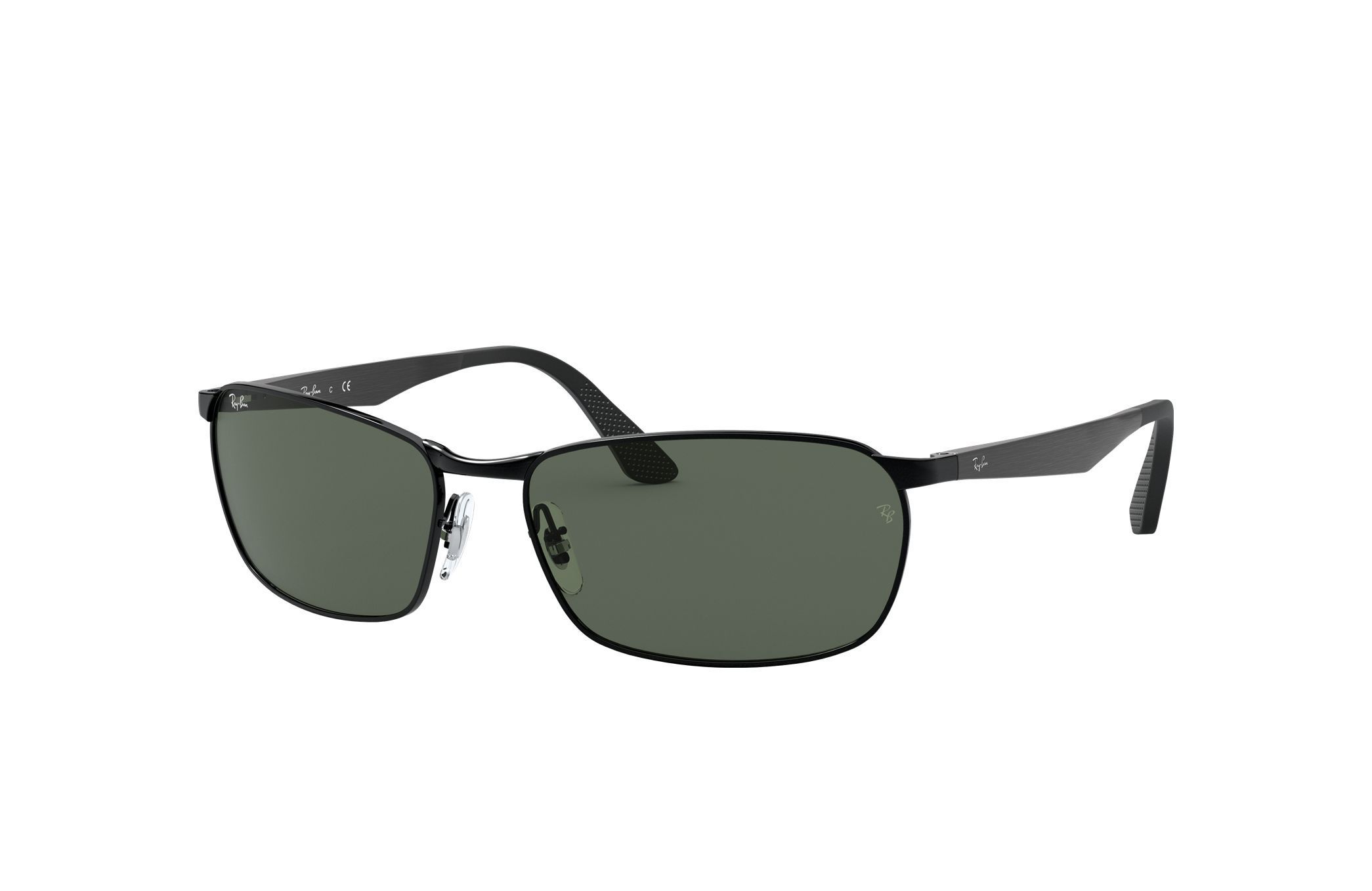 Ray-Ban RB3534-002 sunglasses featuring a polished black metal frame and green lenses, ideal for men.