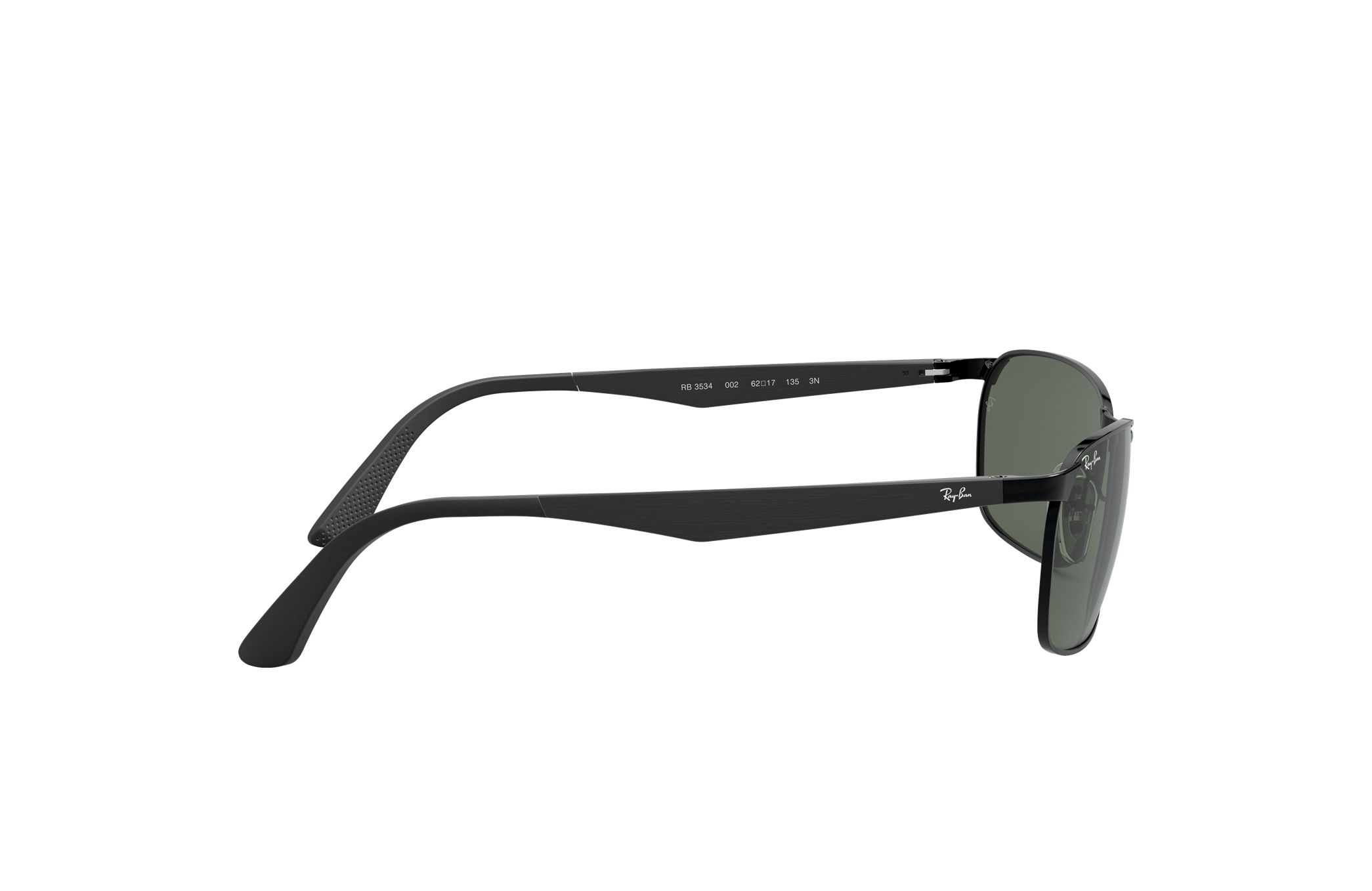 Ray-Ban RB3534-002 sunglasses featuring a polished black metal frame and green lenses, ideal for men.