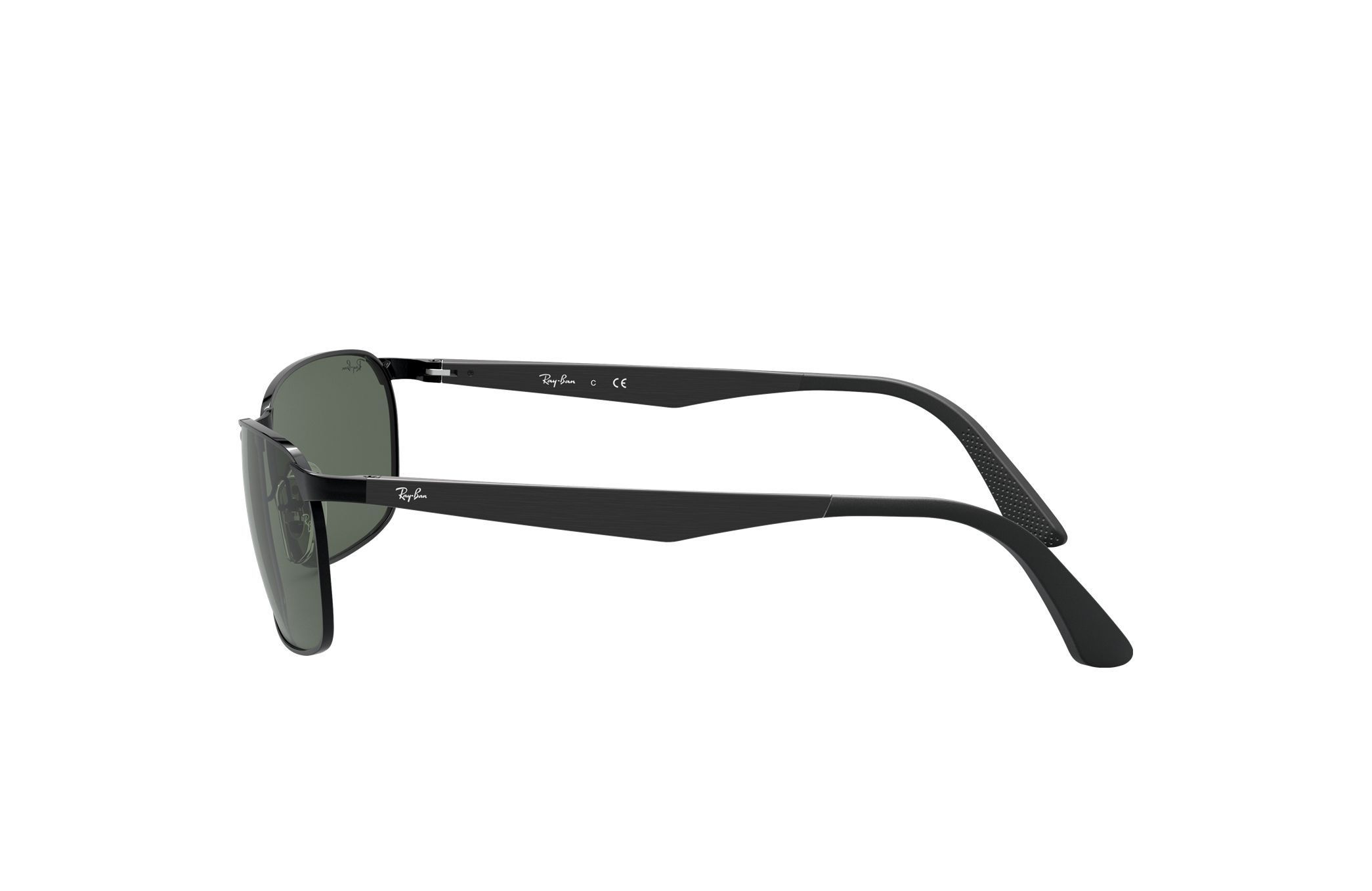 Ray-Ban RB3534-002 sunglasses featuring a polished black metal frame and green lenses, ideal for men.