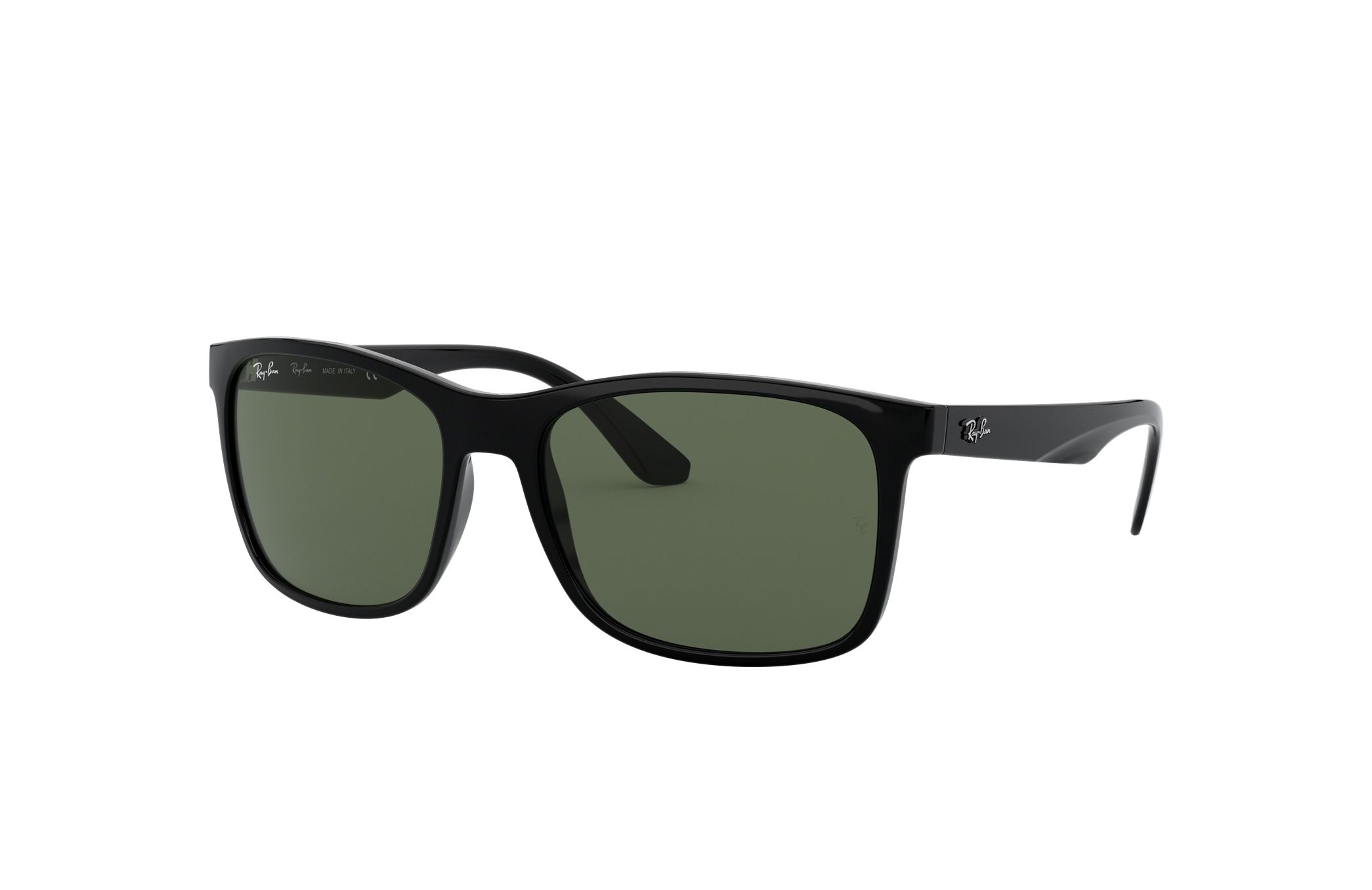 Ray-Ban RB4232-601/71 Unisex Gloss Black Square Green Lens Nylon Sunglasses displayed with case and cleaning cloth.