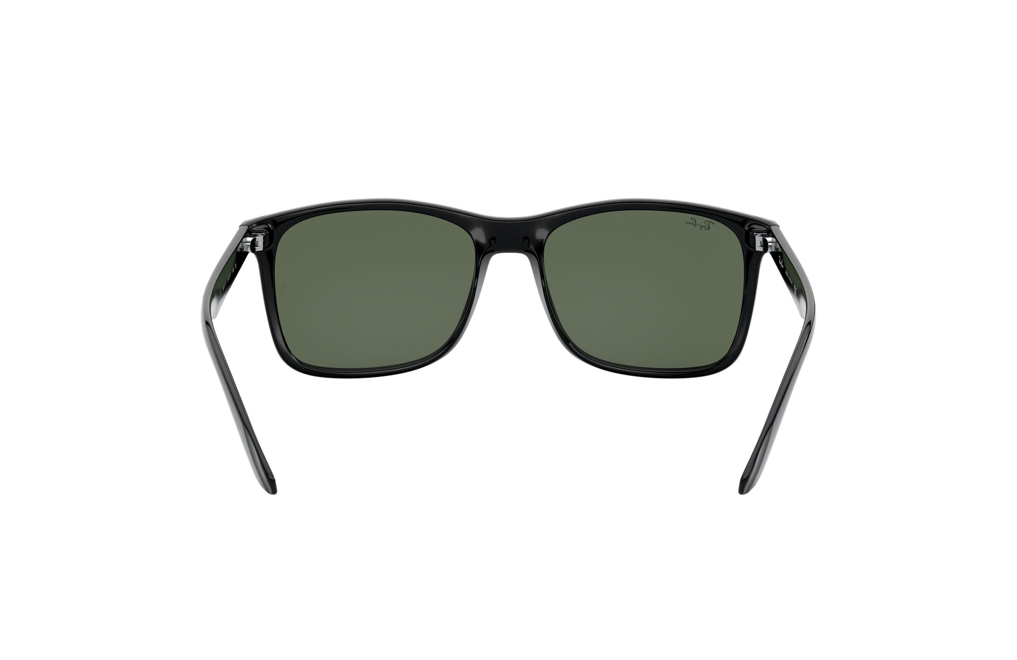 Ray-Ban RB4232-601/71 Unisex Gloss Black Square Green Lens Nylon Sunglasses displayed with case and cleaning cloth.