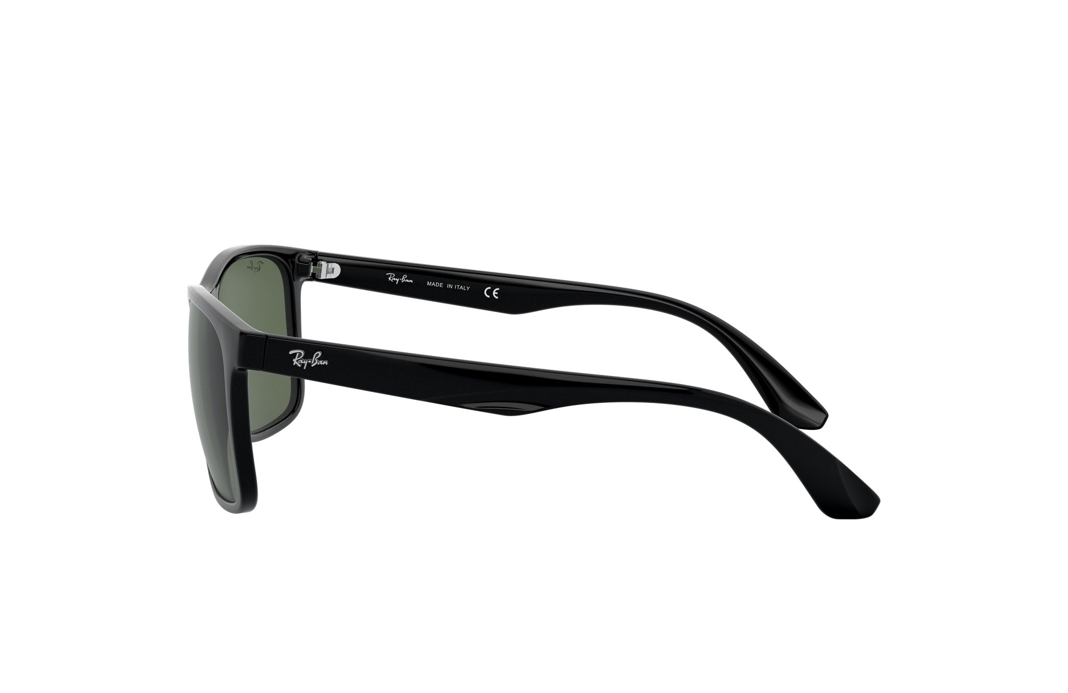 Ray-Ban RB4232-601/71 Unisex Gloss Black Square Green Lens Nylon Sunglasses displayed with case and cleaning cloth.