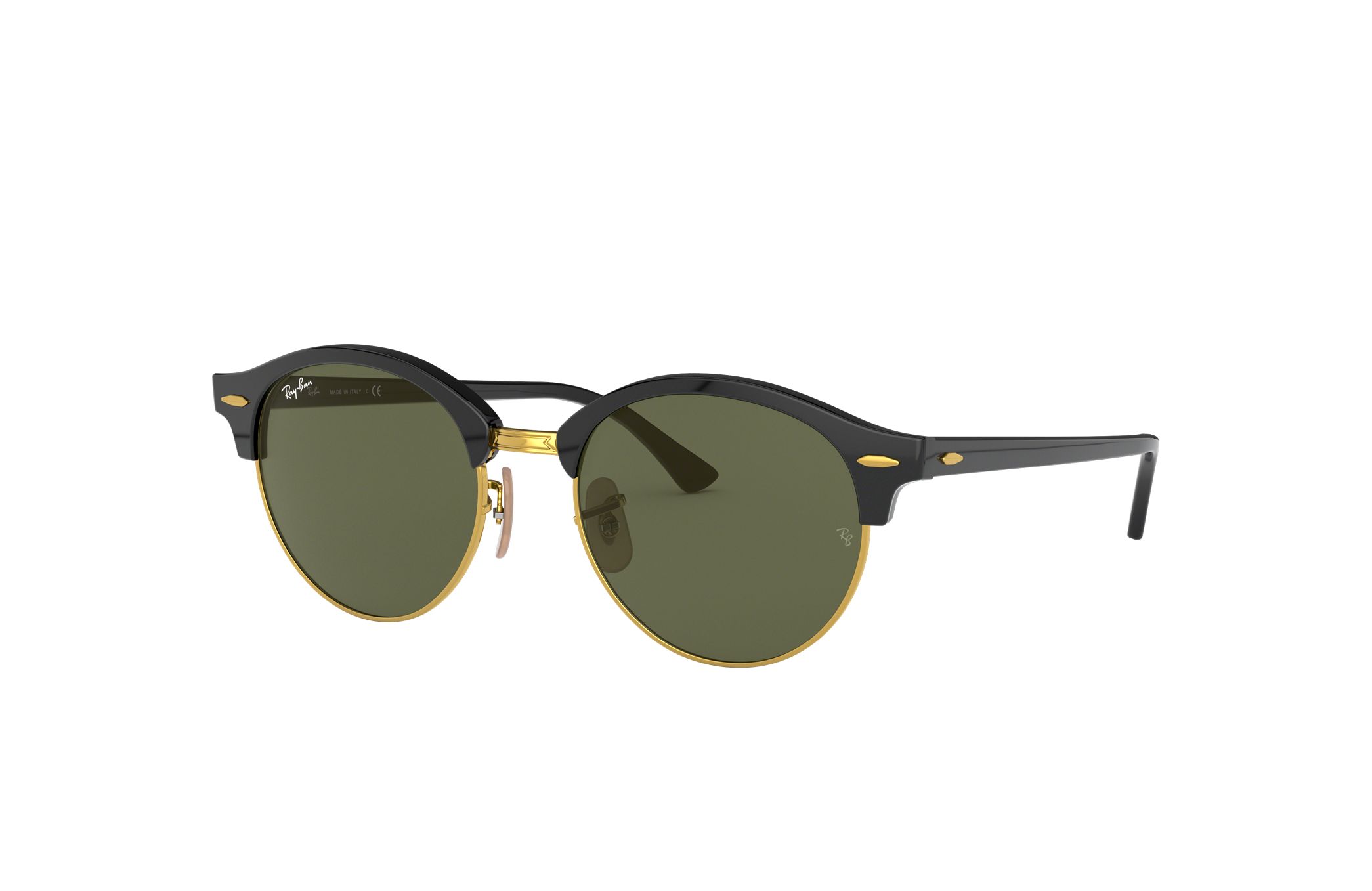 Ray-Ban RB4246F-901 Unisex Clubround Classic Sunglasses with polished black acetate frame and green lenses, stylish and durable.