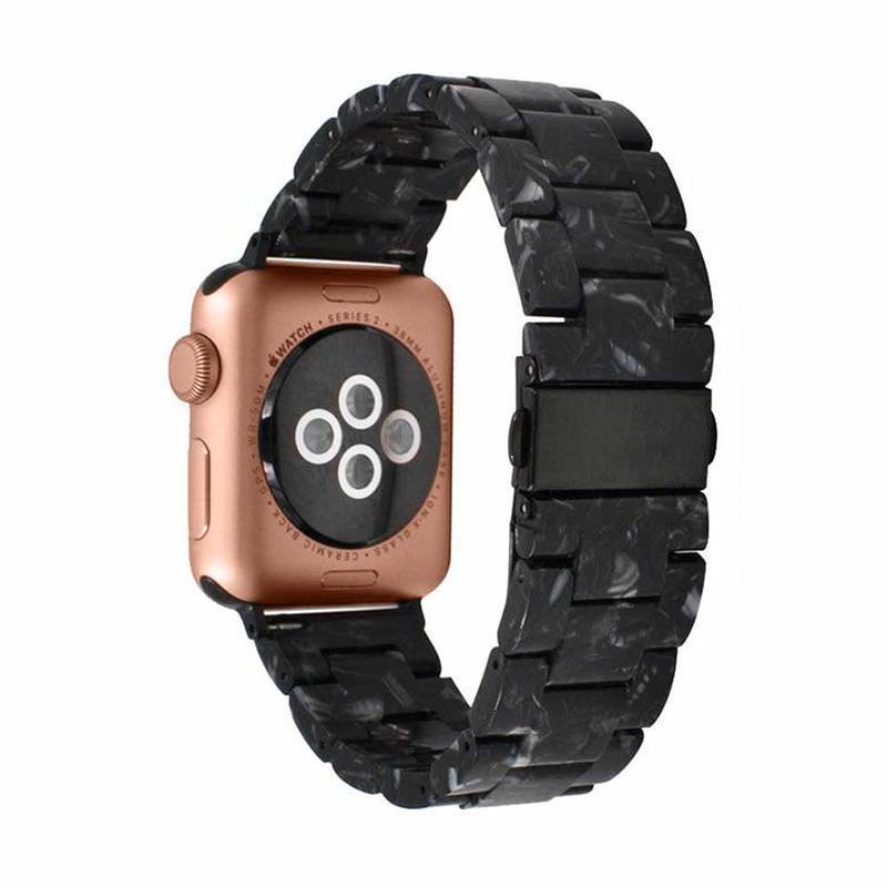 Premium resin Apple Watch band with metal clasp, adjustable length, and stylish design, suitable for 38mm and 40mm models.