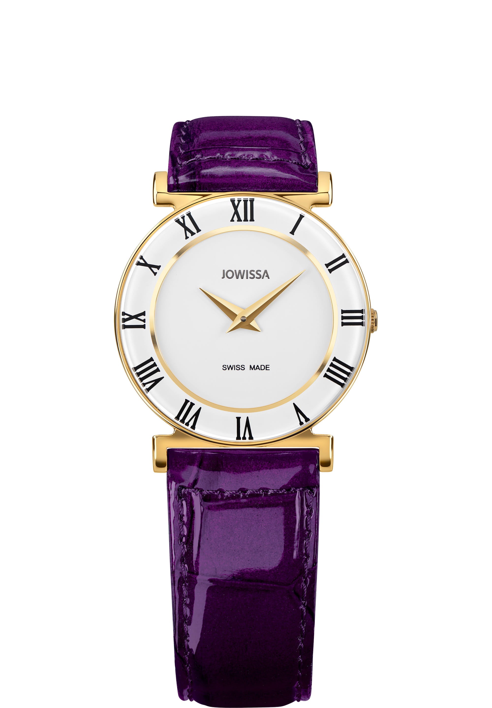 Roma Colori Swiss Ladies Watch J2.034.M featuring a stainless steel case, enamelled dial, and alligator-embossed leather strap.