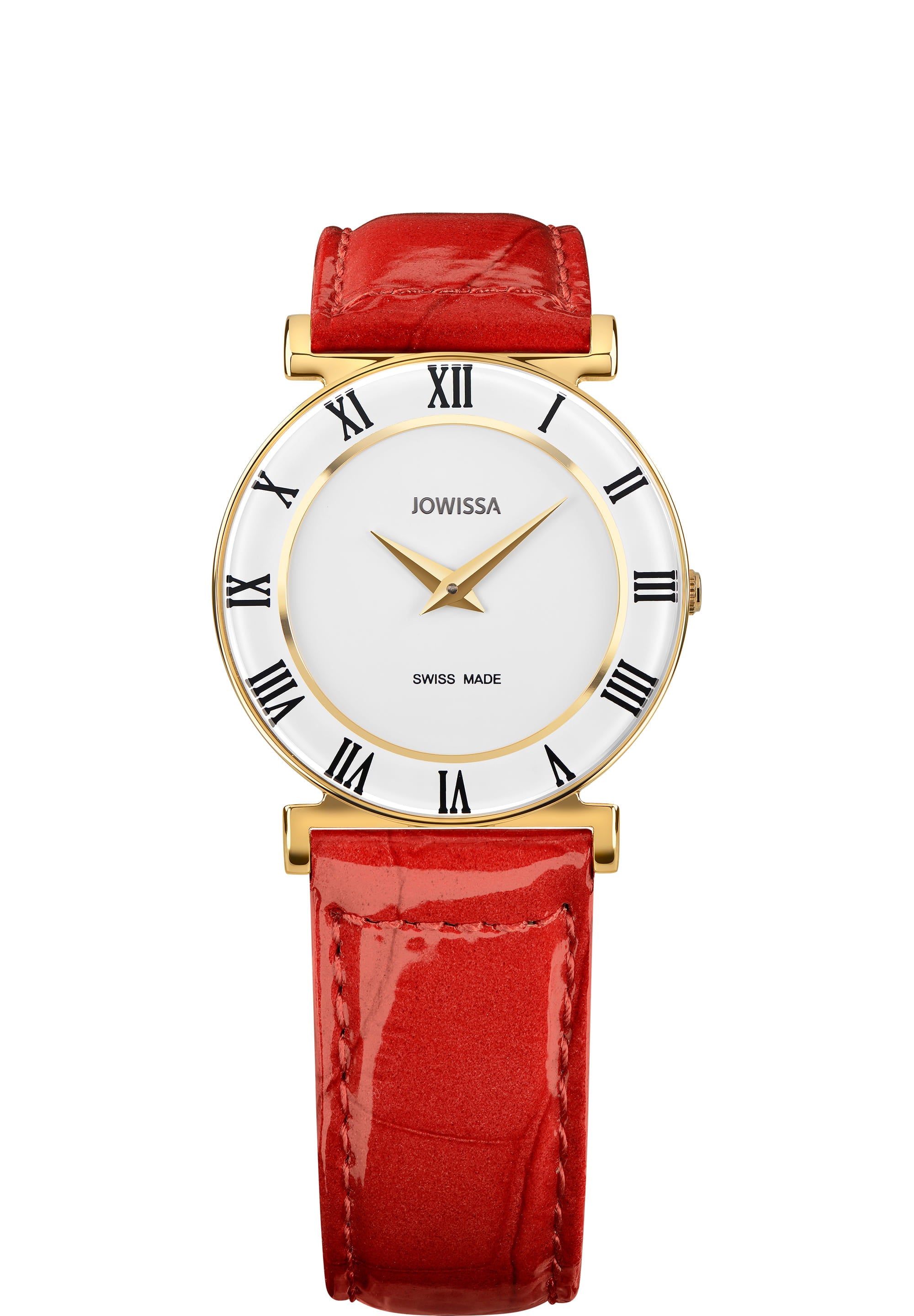 Roma Colori Swiss Ladies Watch J2.200.M featuring a stainless steel case, enamelled dial, and alligator-embossed leather strap.