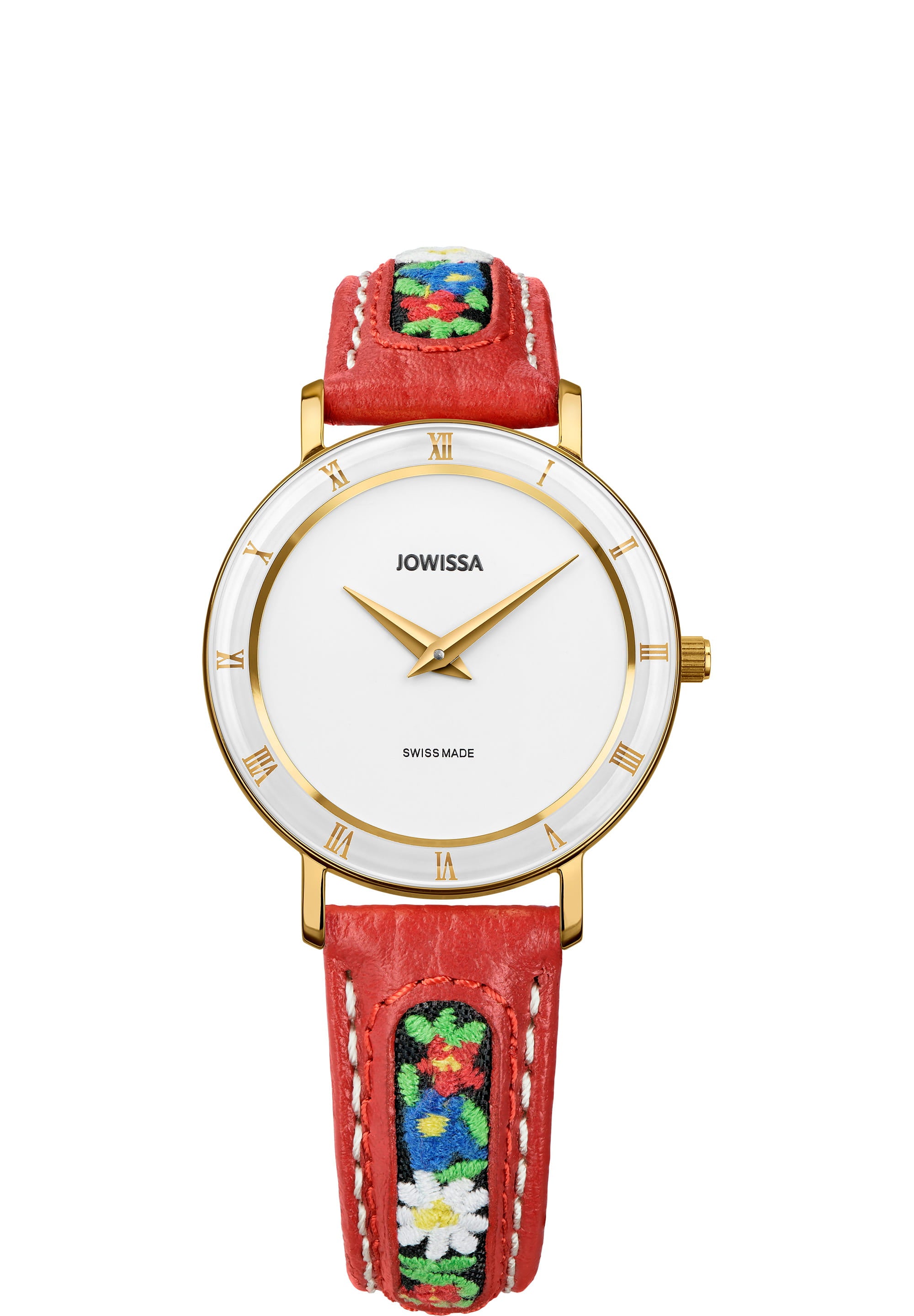 Roma Ethno Swiss Ladies Watch J2.294.M featuring a stainless steel case, enamelled dial, and genuine leather strap with intricate embroidery.