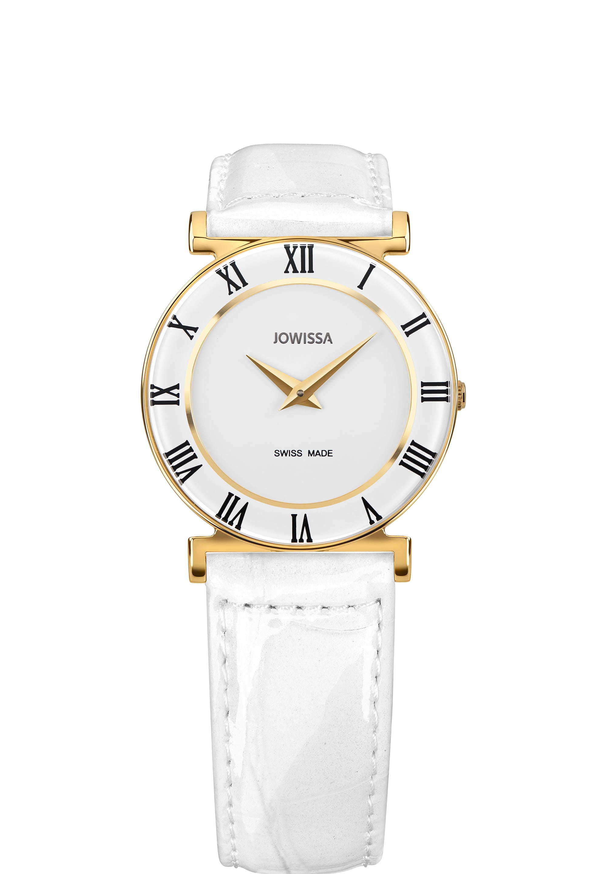 Roma Swiss Ladies Watch J2.027.M featuring a stainless steel case, gold-plated surface, and alligator-embossed leather strap.