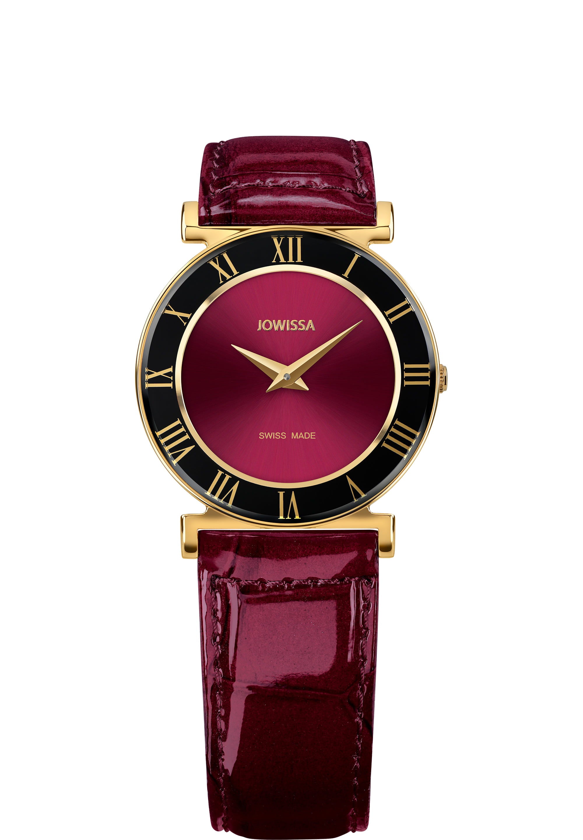 Roma Swiss Ladies Watch J2.043.M featuring a stainless steel case, gold-plated surface, and a glossy alligator-embossed leather strap.