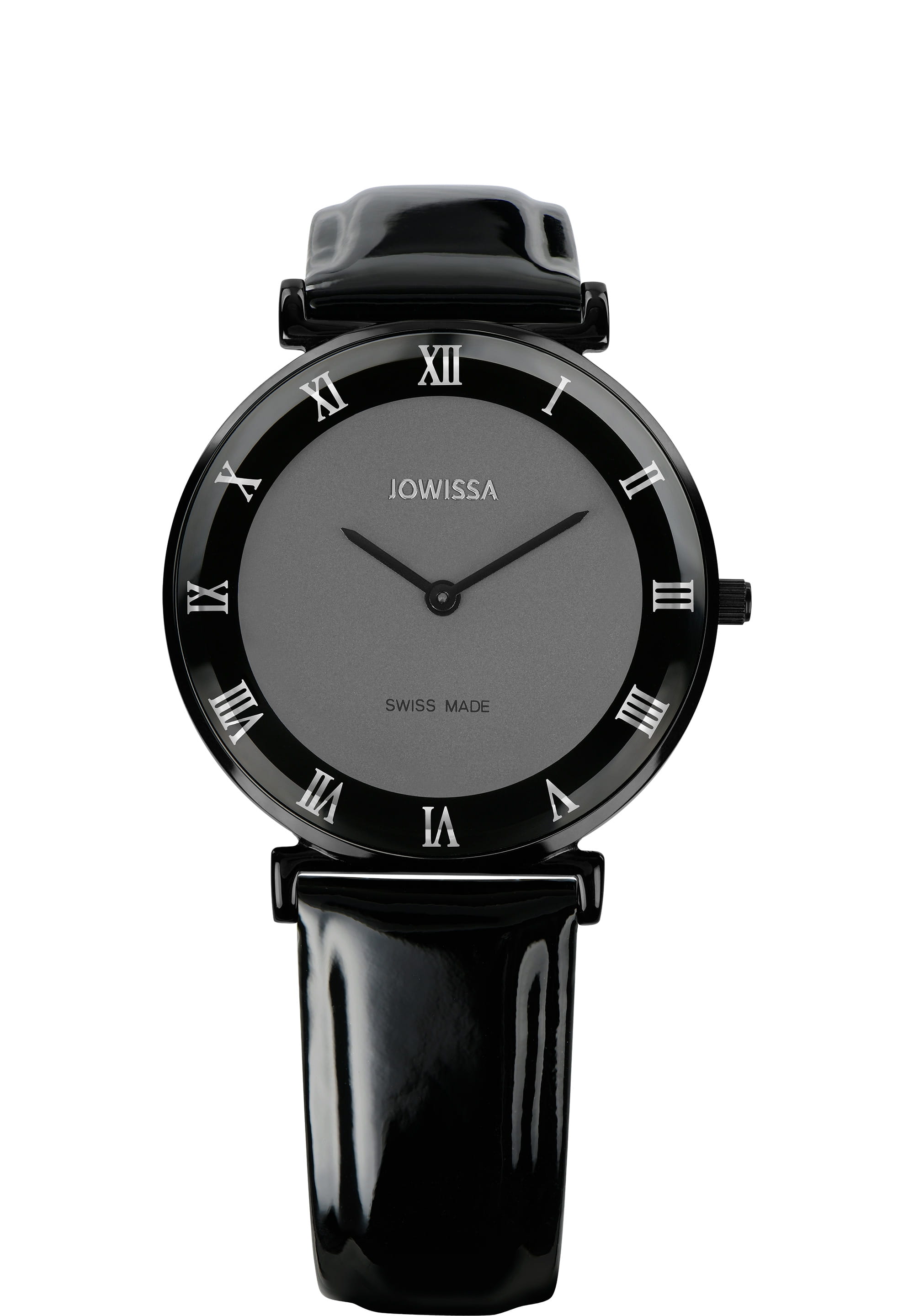 Roma Swiss Ladies Watch J2.301.L featuring a grey dial, black leather strap, and silver-tone Roman numerals, showcasing Swiss craftsmanship.