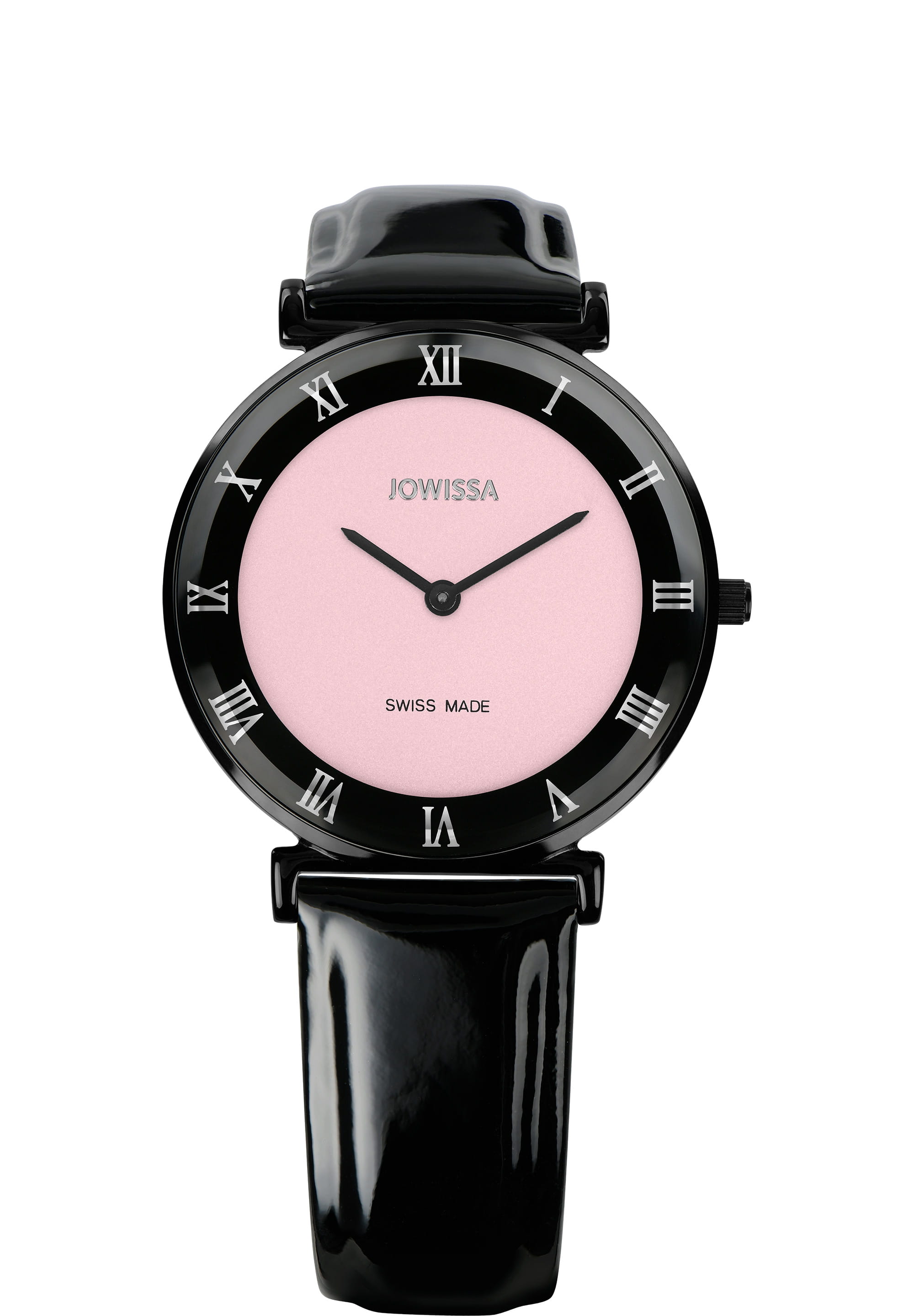 Roma Swiss Ladies Watch J2.302.L featuring a pastel pink dial, black bezel, and glossy black leather strap, showcasing its elegant design.