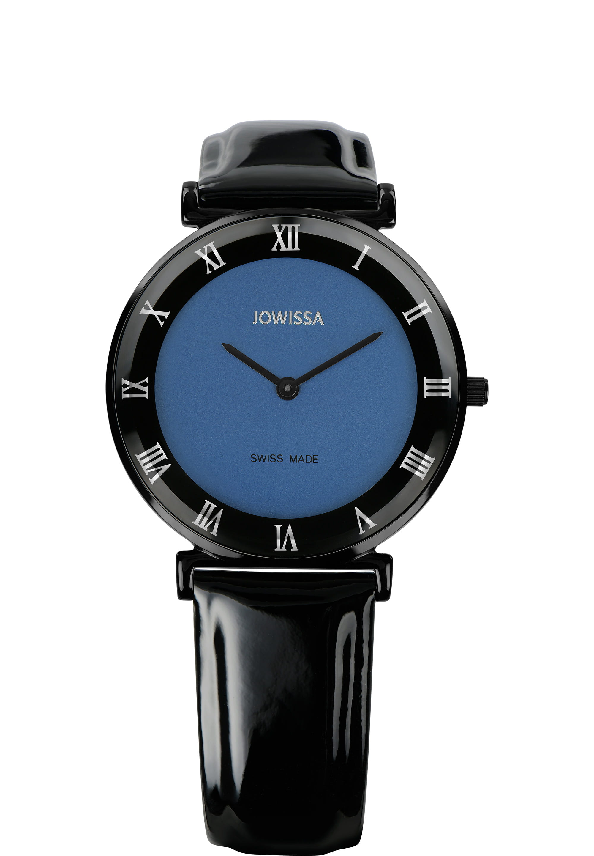 Roma Swiss Ladies Watch J2.308.L featuring a violet-blue dial, stainless steel case, and black leather strap, showcasing elegance and modern design.