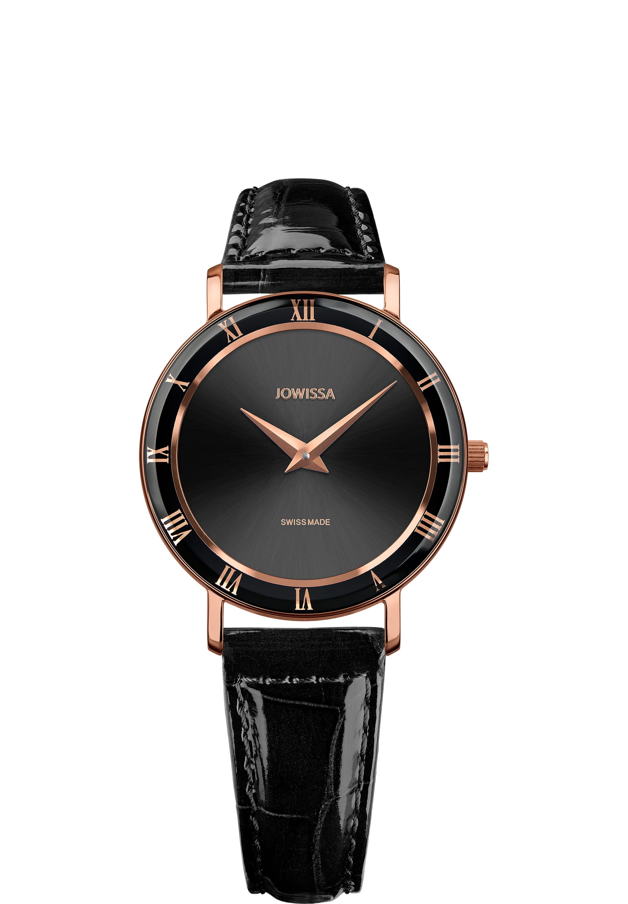 Roma Swiss Ladies Watch J2.309.M featuring a black dial, rose-gold Roman numerals, and a glossy black leather strap.