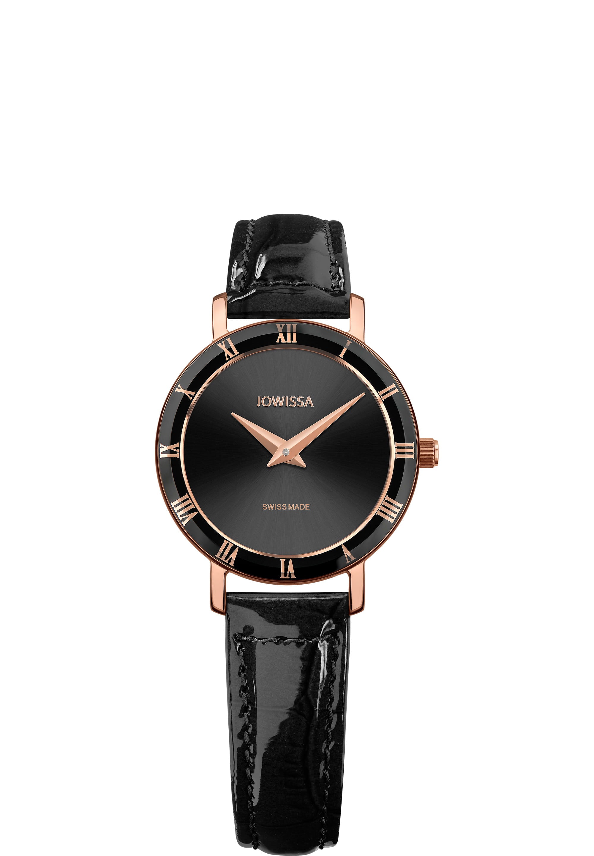 Roma Swiss Ladies Watch J2.309.S featuring a black leather strap, rose-gold Roman numerals, and a stainless steel case.