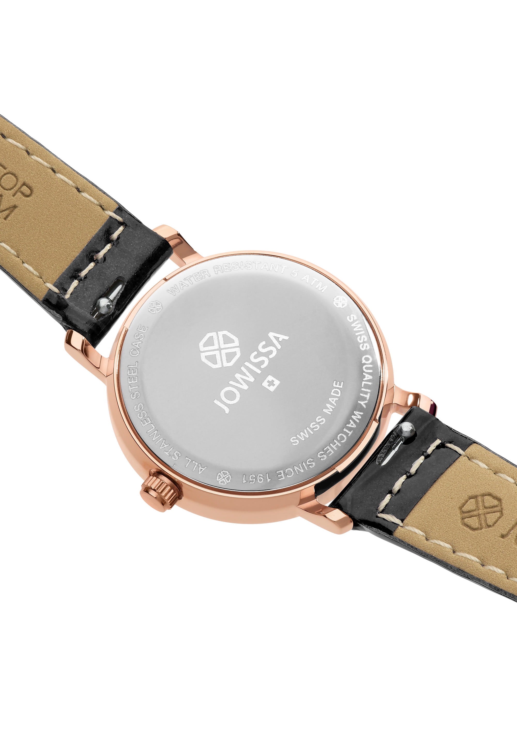 Roma Swiss Ladies Watch J2.309.S featuring a black leather strap, rose-gold Roman numerals, and a stainless steel case.