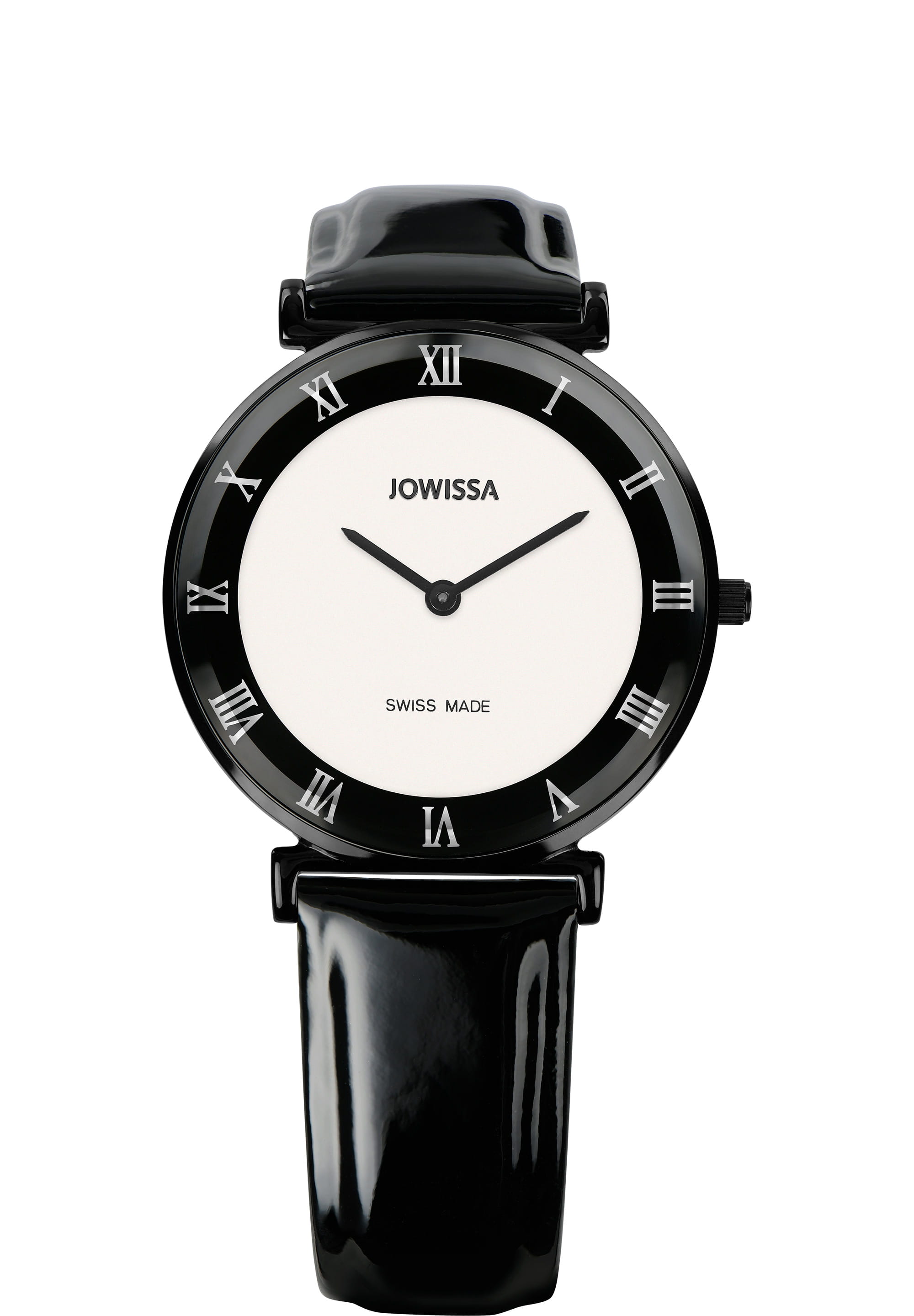 Roma Swiss Ladies Watch J2.300.L featuring a black bezel, white dial, and genuine patent leather strap.